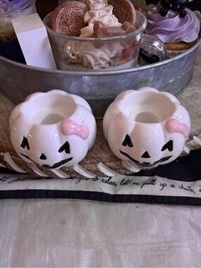 White Ceramic Pumpkin pink candle  Holders - Festive Halloween Accent (Set of 2)
